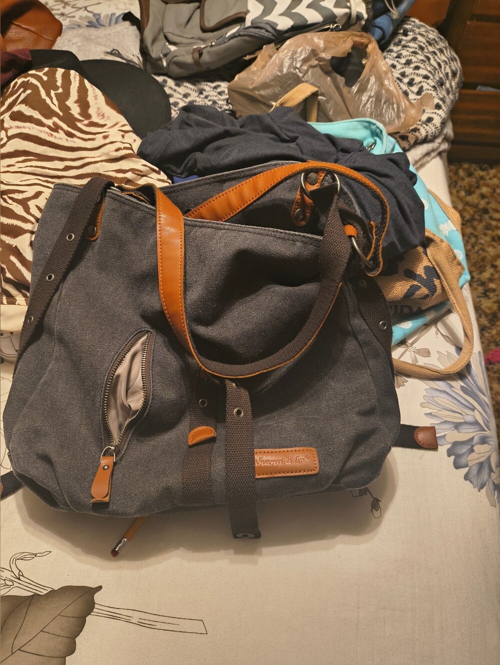 Stylish GreyTote with Brown Leather Accents.  Convertible Backpack